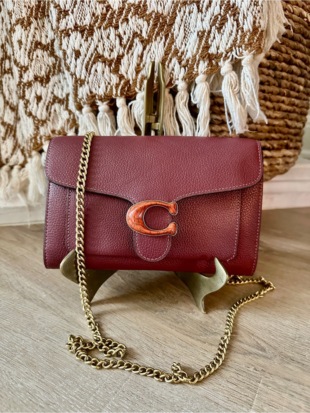 Coach Tabby Burgundy Pebbled Leather Crossbody with Gold Chain Signature C